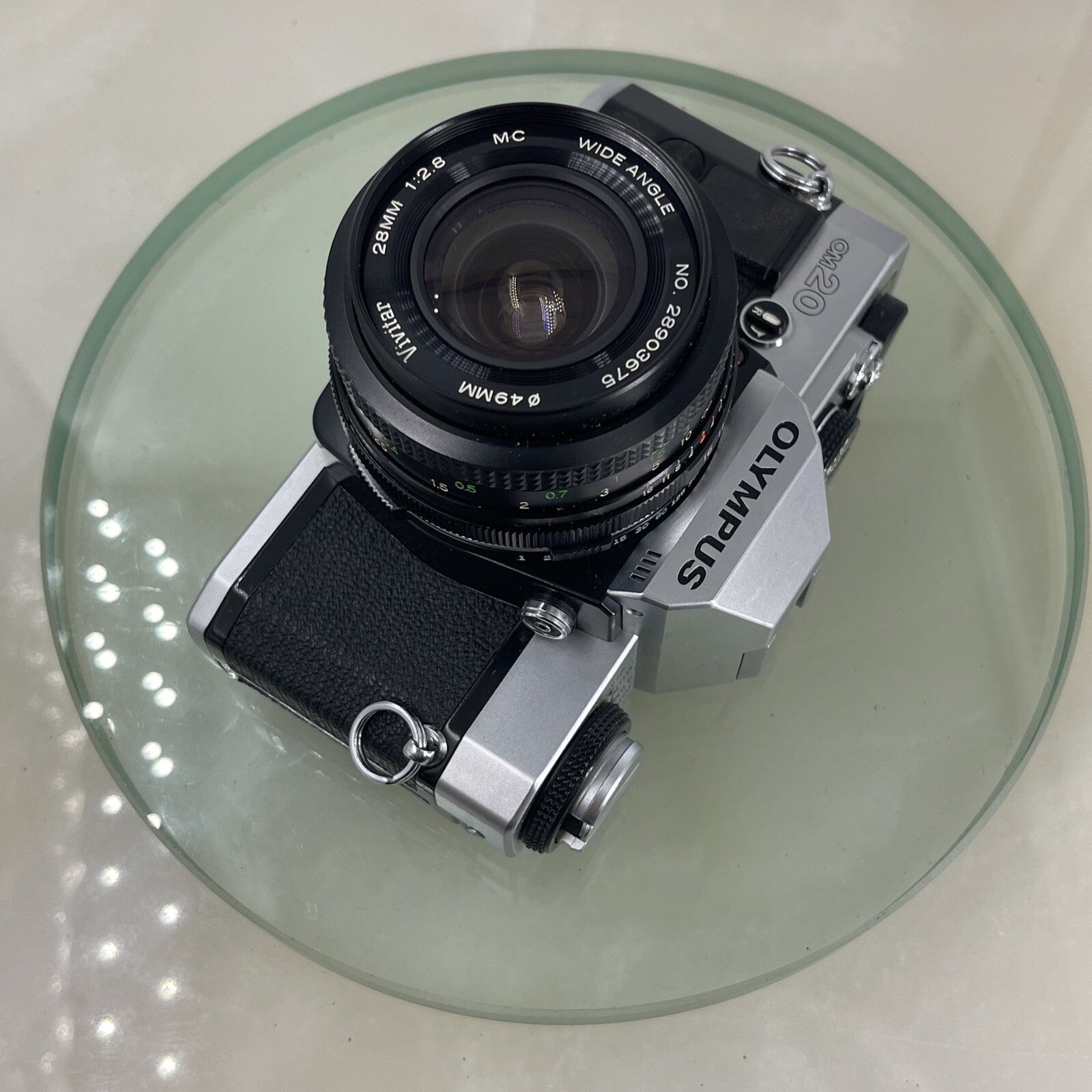 Olympus Om20 35mm slr film camera With Vivitar 28mm 1:2.8  Lens SERVICED  #6207