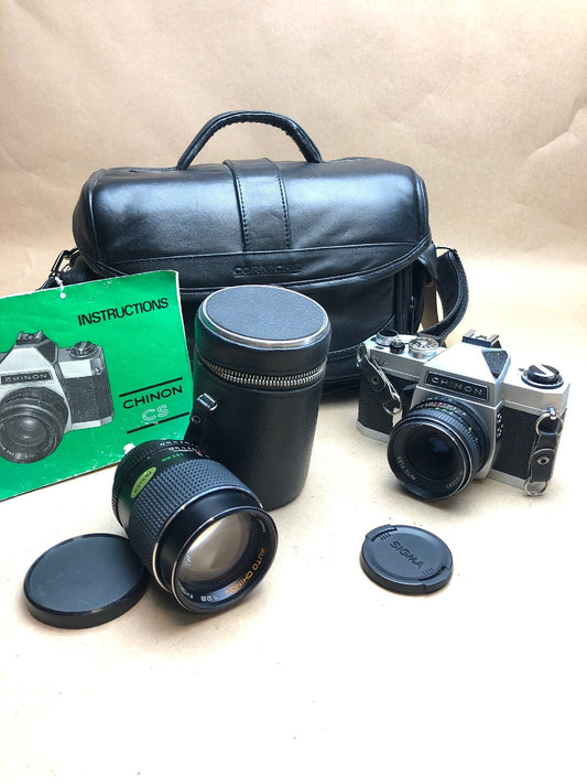 CHINON CS 35mm SLR FILM CAMERA WITH 2 Lenses 50mm,135mm+Bag+Manual#BB60