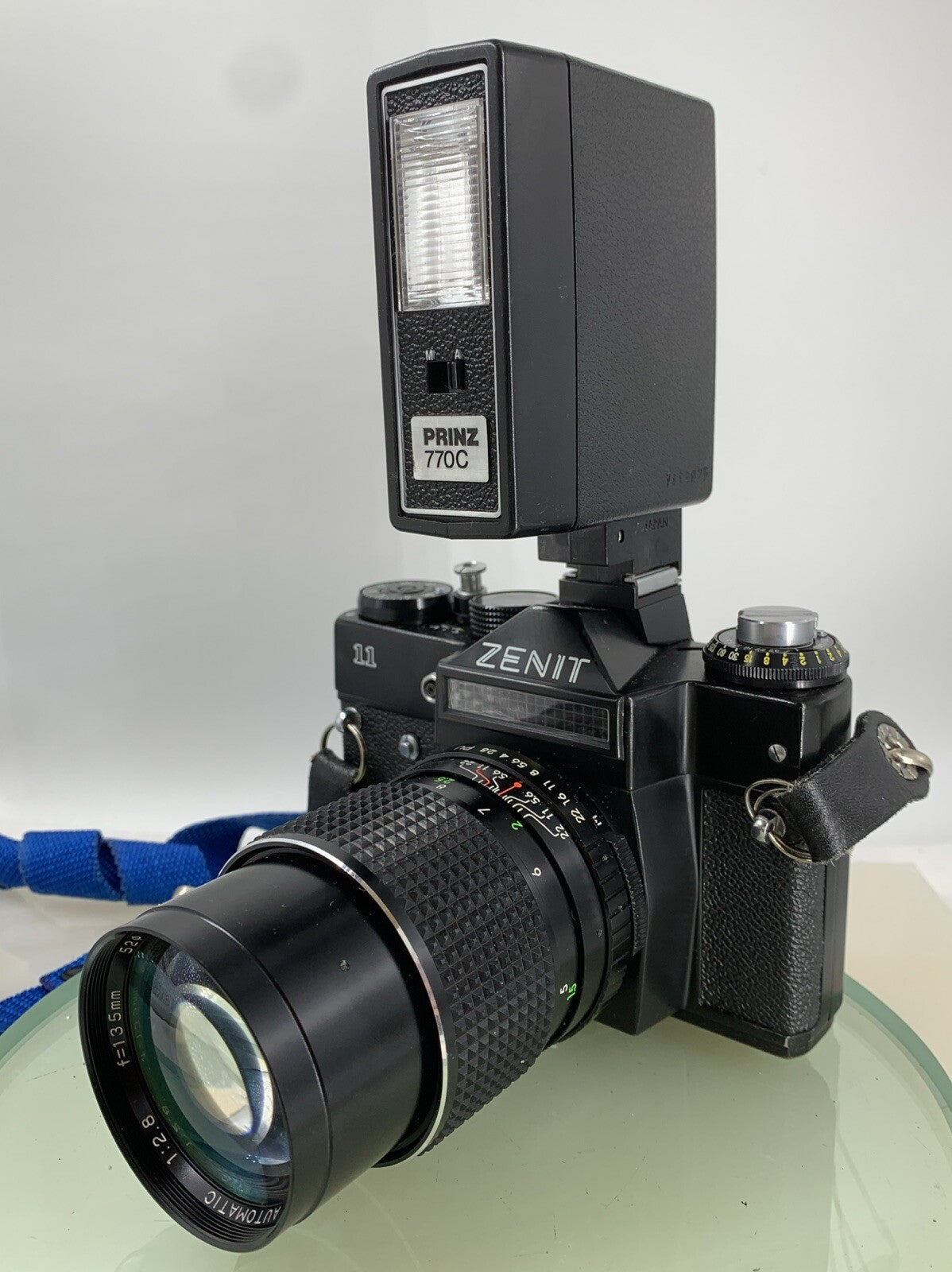 Zenit 11 VINTAGE CAMERA BLACK + HELIO LENS + PRINZ 770C FLASH LITE TESTED - 2692