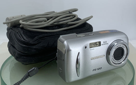 Olympus FE-120 6MP COMPACT DIGITAL CAMERA SILVER WITH COVER + WIRE TESTED - 460