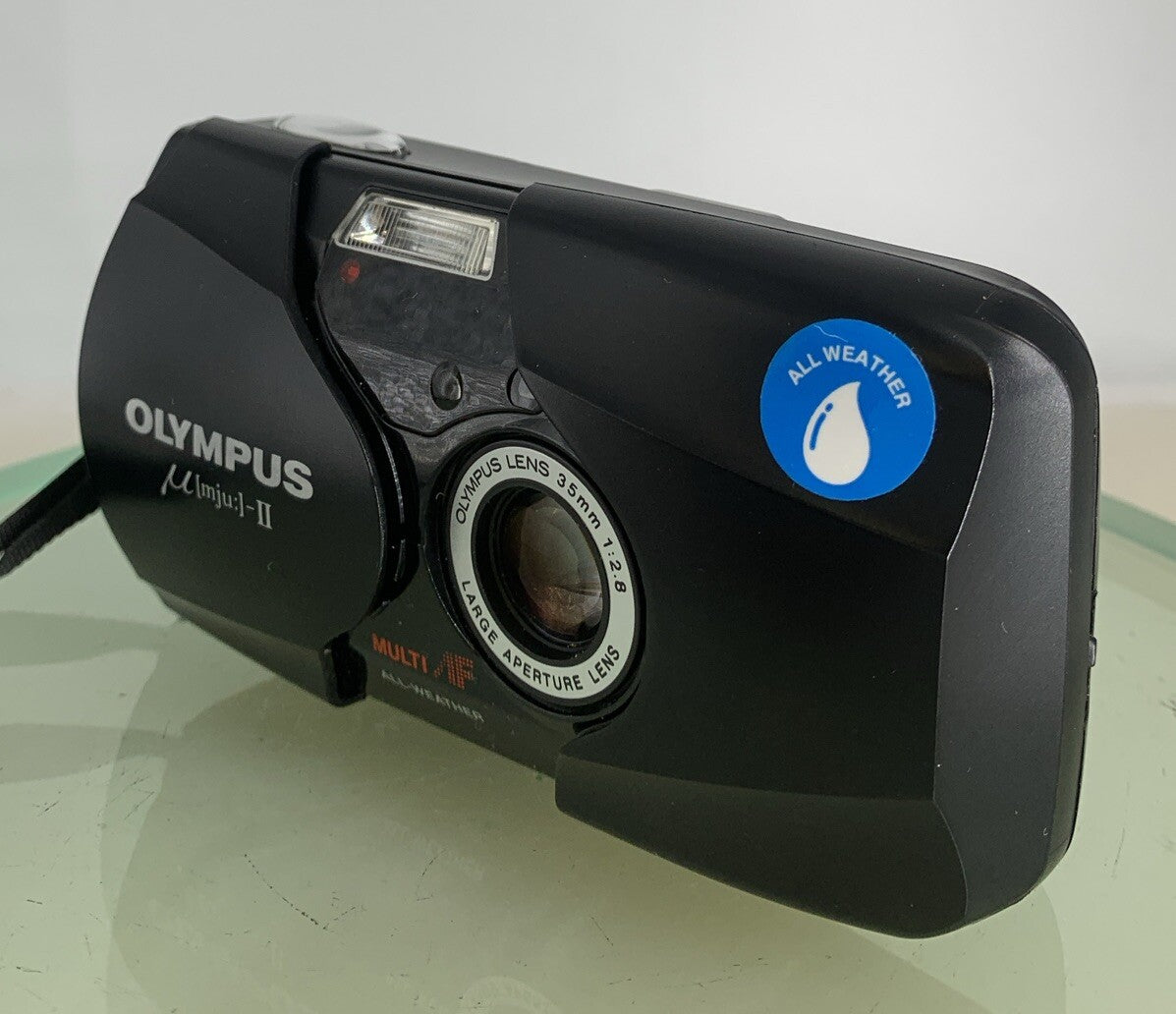Olympus MJU II 35mm ALL WEATHER FILM CAMERA BLACK WITH COVER TESTED + TIN #4922