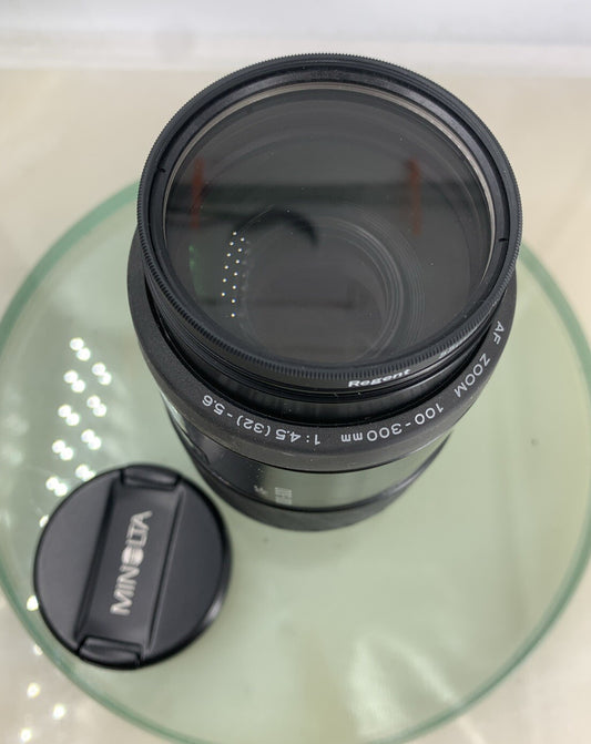 Minolta AF tele zoom 100-300mm 1:4.5-5.6 SLR CAMERA LENS BLACK TESTED - 3330