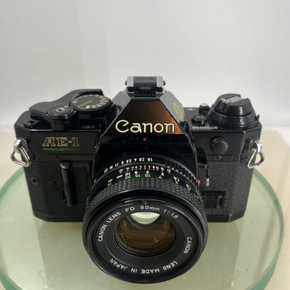Canon AE-1 Program 35mm SLR Film Manual Camera BLACK+Canon 50mm F/1.8 FD Lens8821