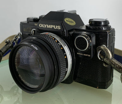 Black Quartz Olympus OM10 35mm SLR Camera Olympus 50mm 1.8 Manual Adapter TESTED2