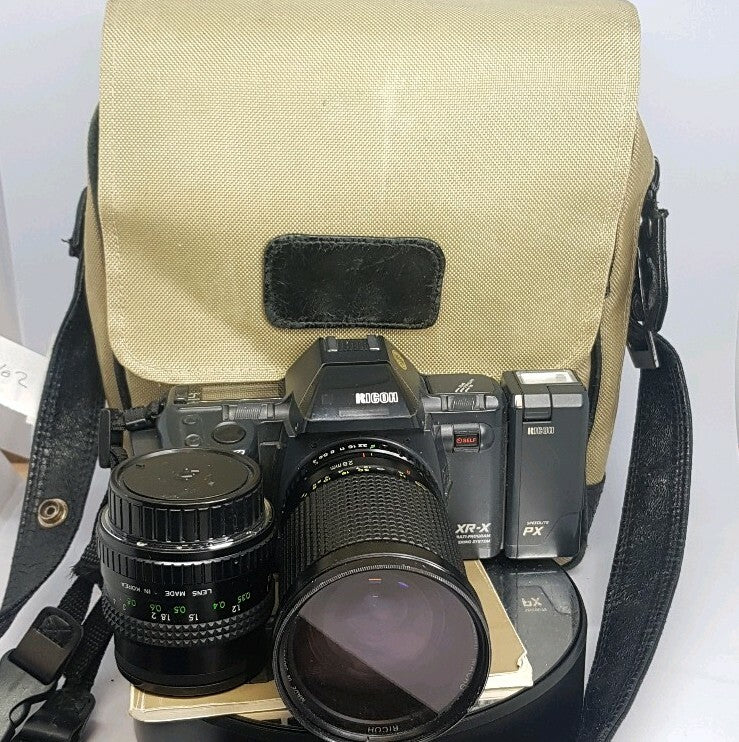 Ricoh XR-X SLR film Camera with 28-135mm lens& 28mm lens & PX Flash+Case #7910