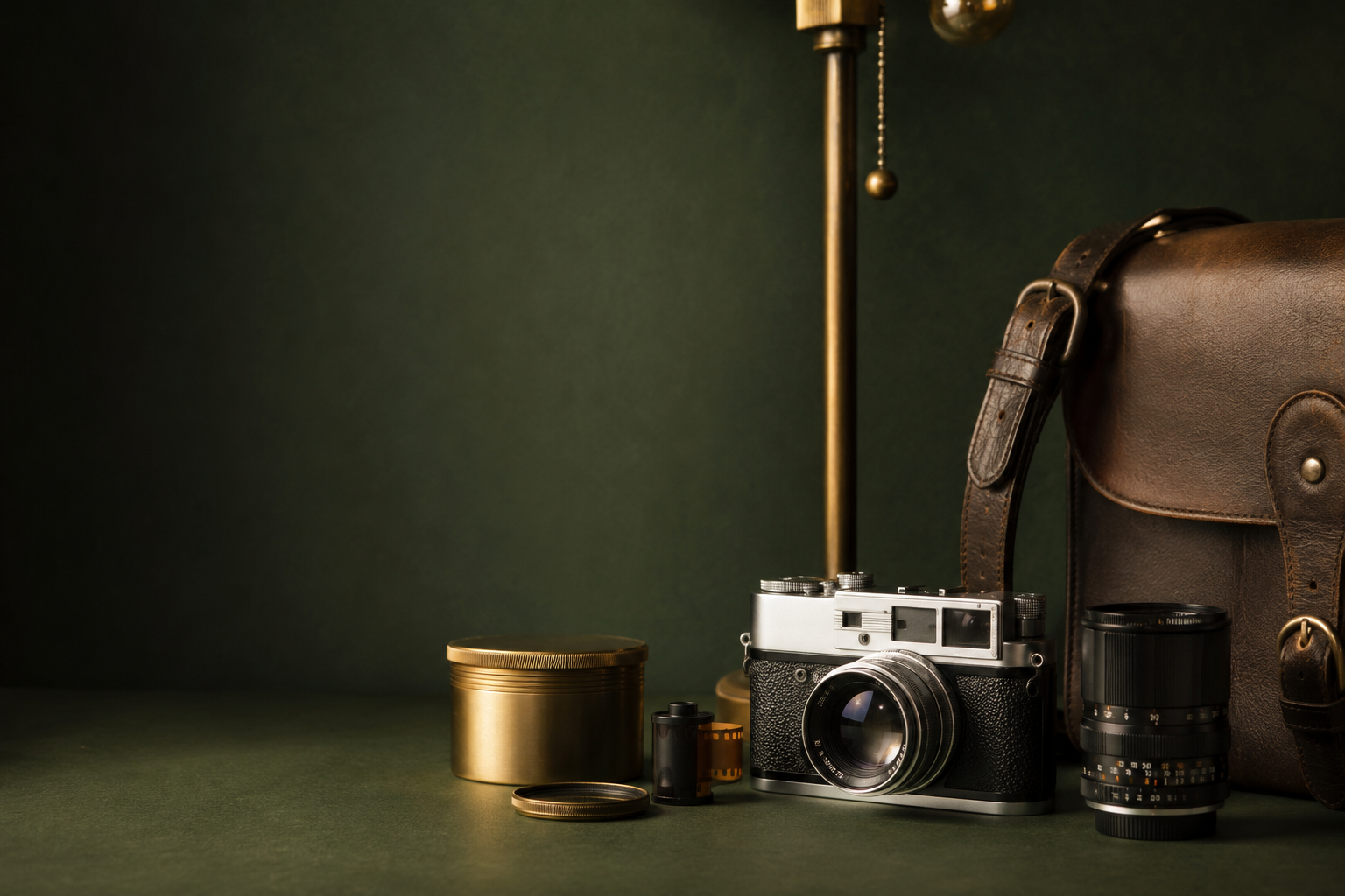 Vintage rangefinder camera, lens and leather bag on deep green