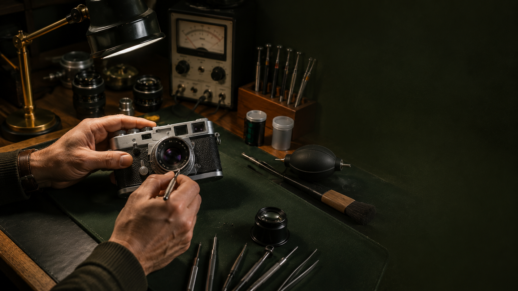 Vintage camera being inspected on a workbench