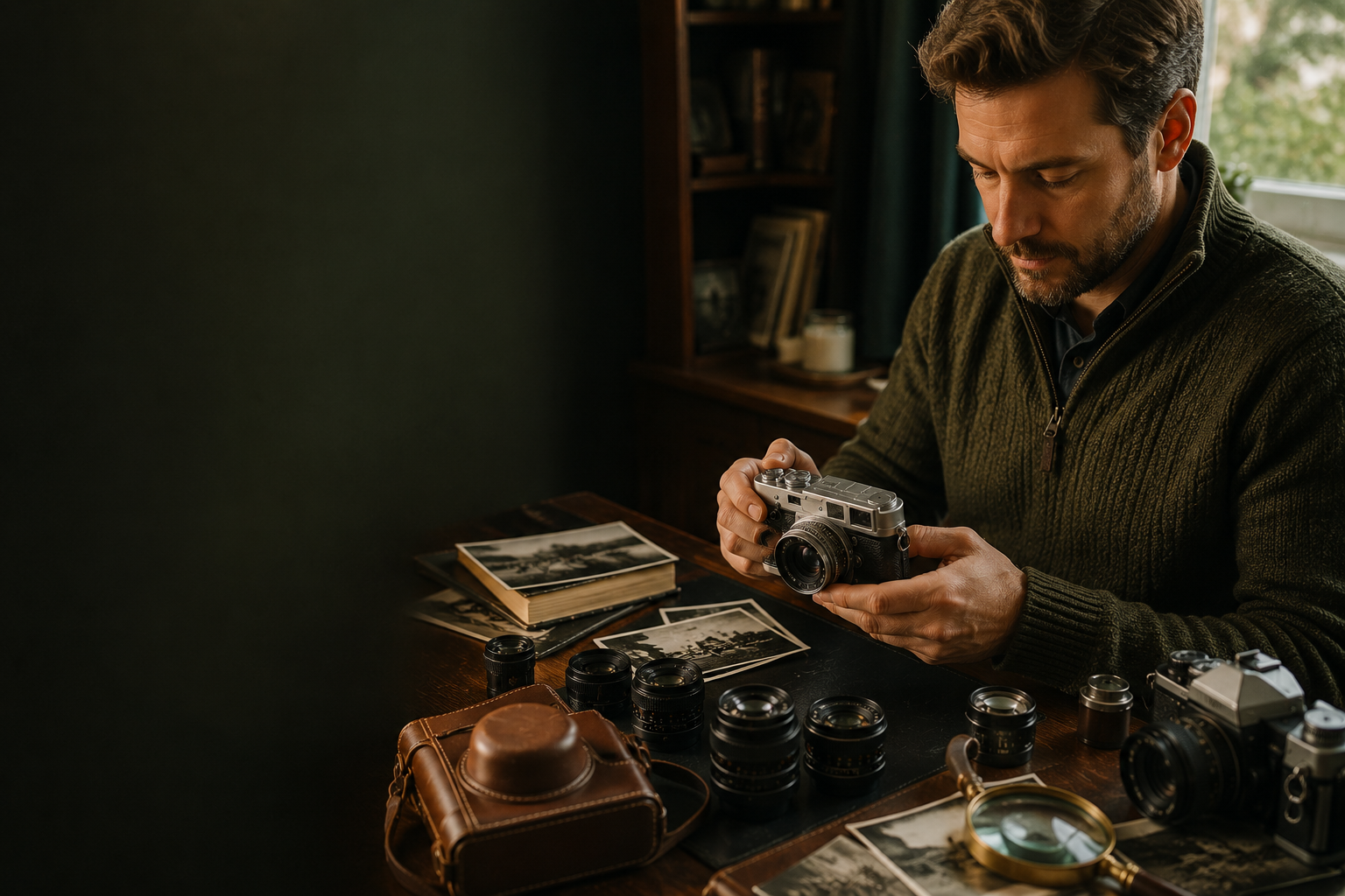 Specialist examining a vintage rangefinder camera